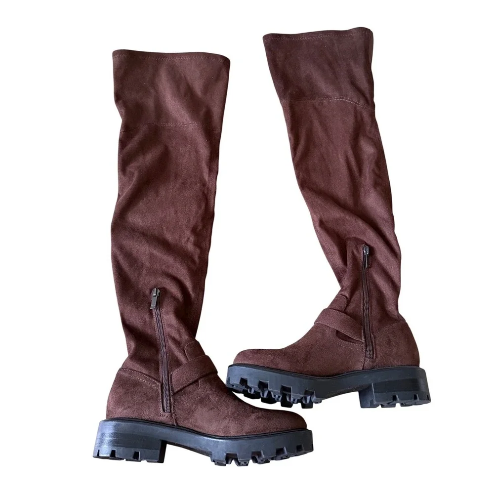 Marc Fisher LTD Ganven Brown Faux Leather Over The Knee Lug Sole Buckle Boot 6.5